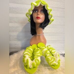 Crochet flip flops with matching bucket hat in neon green/yellow and white.